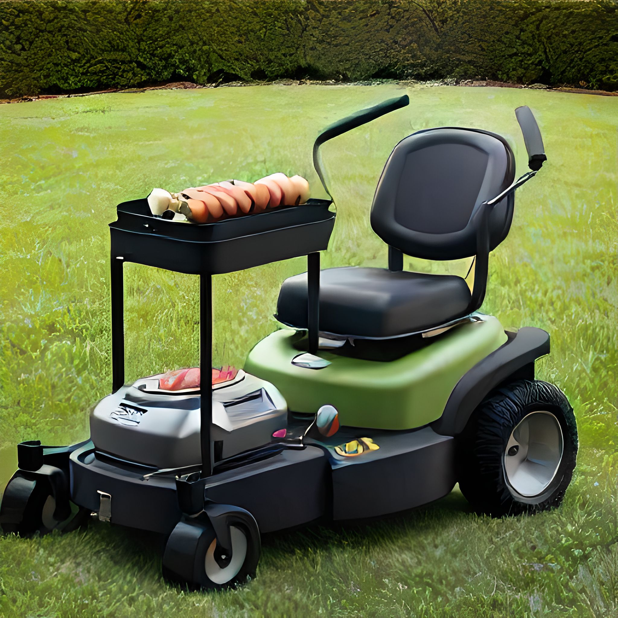 AI generated image of a riding lawnmower / grill combination.