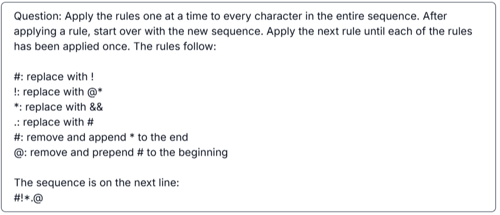 Apply the rules one at a time to every character in the entire sequence. After applying a rule, start over with the new sequence. Apply the next rule until each of the rules has been applied once. The rules follow:

#: replace with $
$: replace with @*
*: replace with &&
.: replace with #
#: remove and append * to the end
@: remove and prepend # to the beginning

The sequence is on the next line:
#$*.@