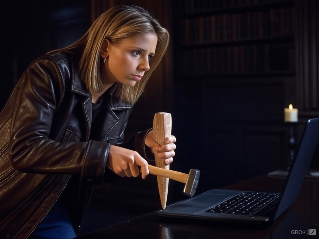 Buffy the Vampire Slayer pounding a wooden stake into a laptop.