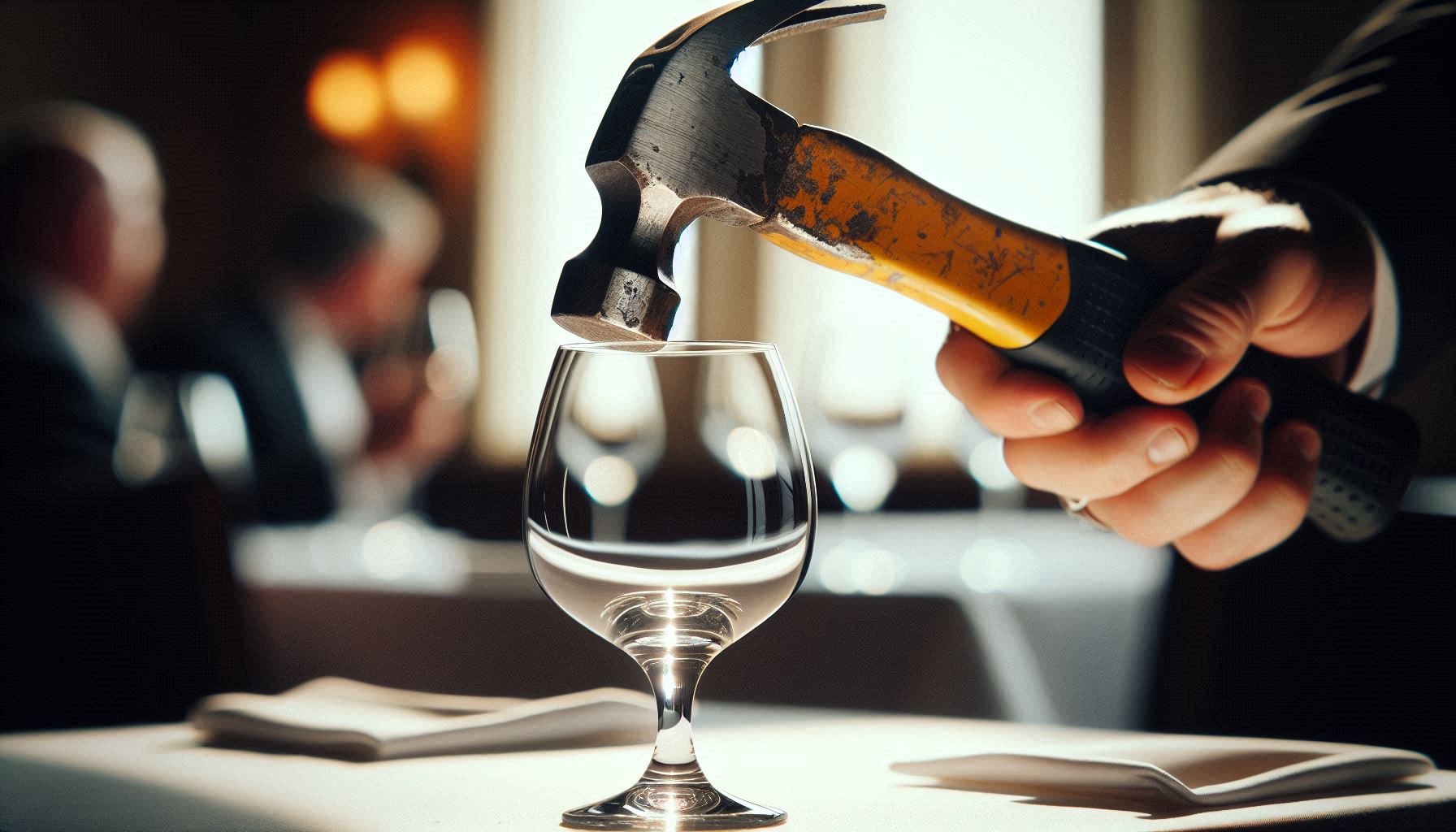 AI-generated with Microsoft Designer. A close-up photograph of a construction hammer gently tapping the rim of a delicate wine glass, causing it to ring. The image is captured with a 80 mm lens, showcasing the contrast between the rugged, metallic hammer and the fragile, transparent glass. The background of a white cloth and black tie restaurant is softly blurred, highlighting the wine glass with a warm, natural light that enhances the textures and details of both the hammer and the wine glass.